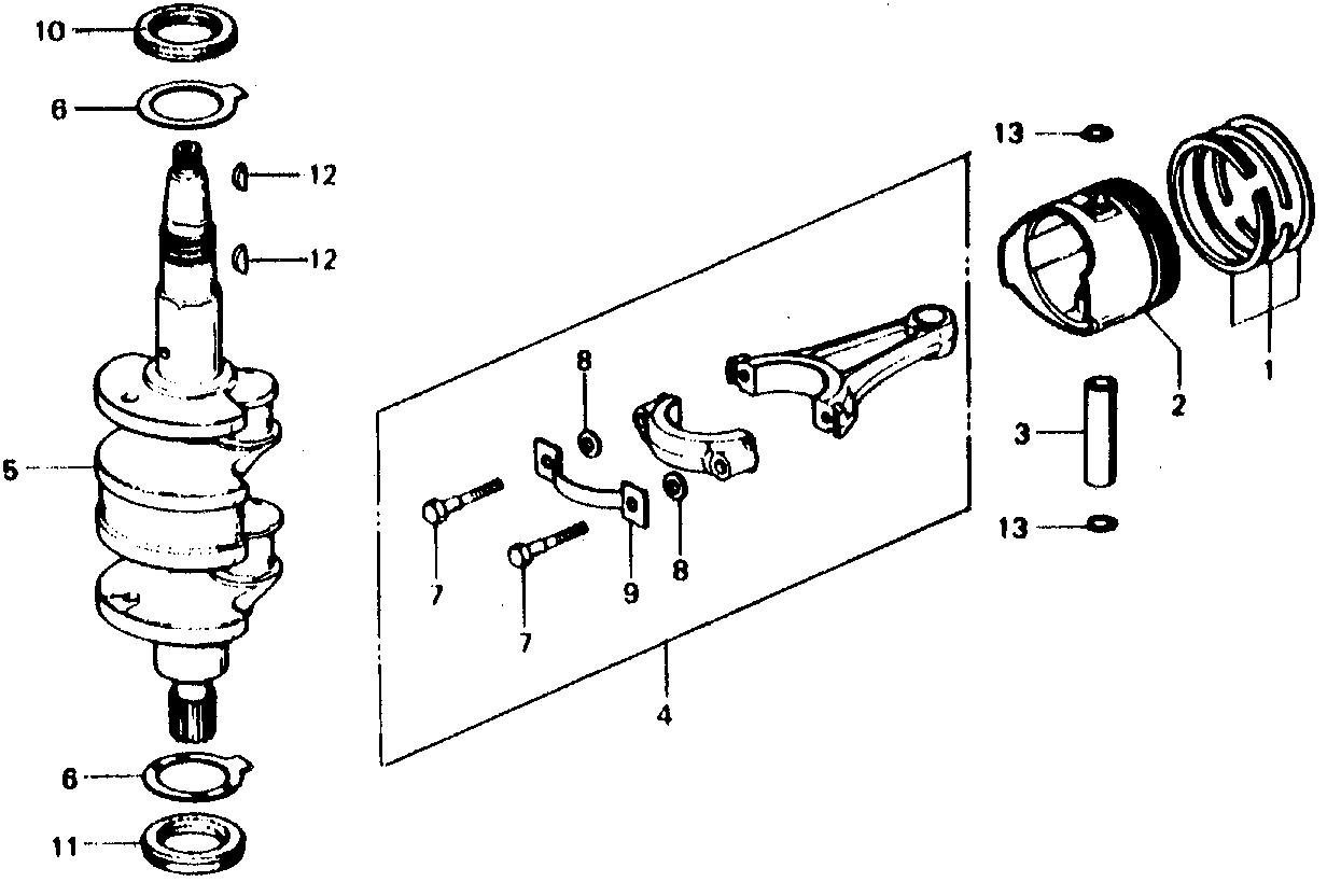 BF75 BF75B piston - crankshaft exploded parts diagram with numbered part references