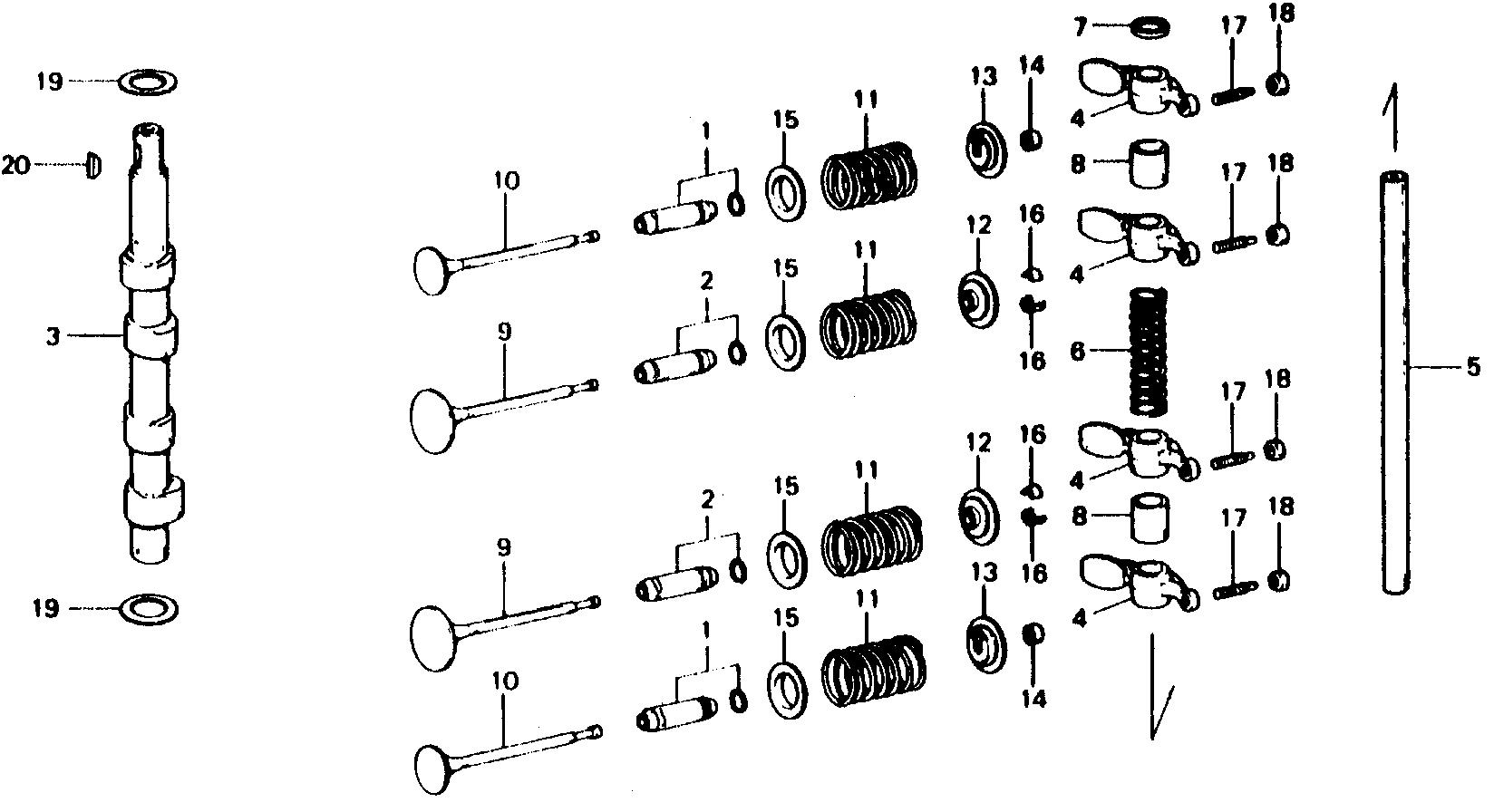 BF75 BF75B camshaft - valve exploded parts diagram with numbered part references