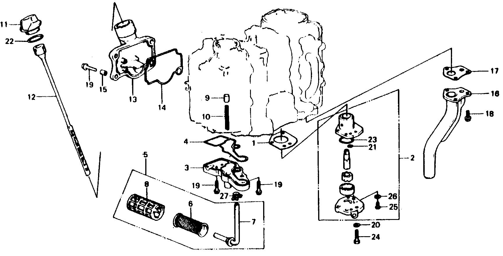 BF75 BF75B oil pump - oil filter       - exhaust pipe exploded parts diagram with numbered part references