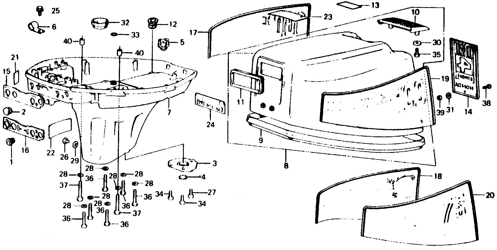 BF75 BF75B oil case - engine cover exploded parts diagram with numbered part references