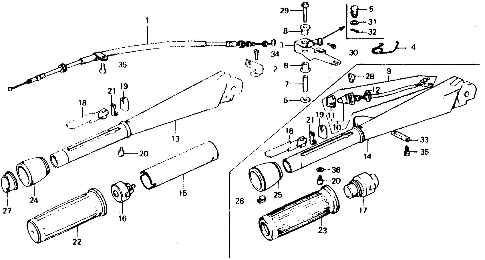 BF75 BF75B handlebar - throttle cable exploded parts diagram with numbered part references