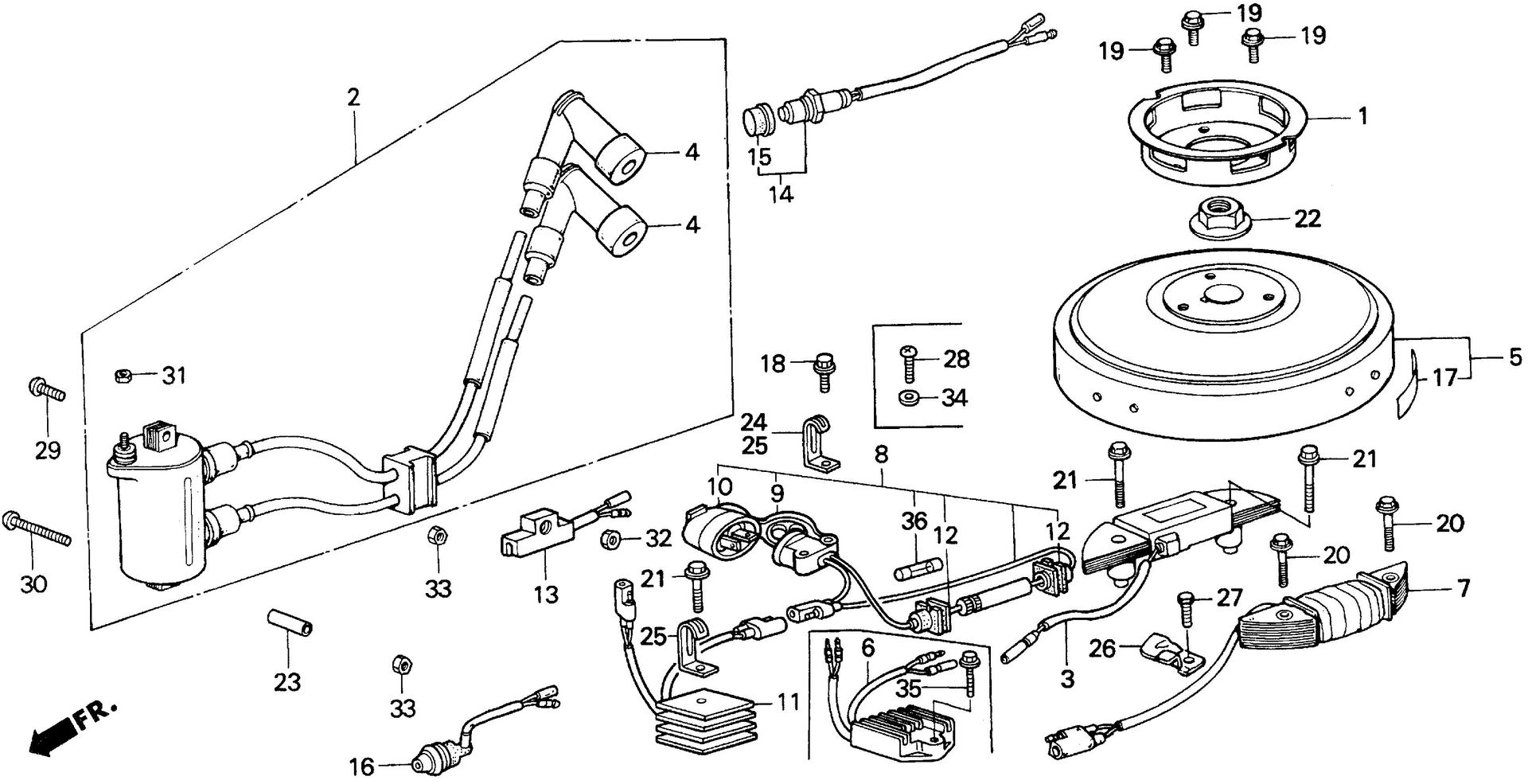 BF75 BF75F flywheel exploded parts diagram with numbered part references