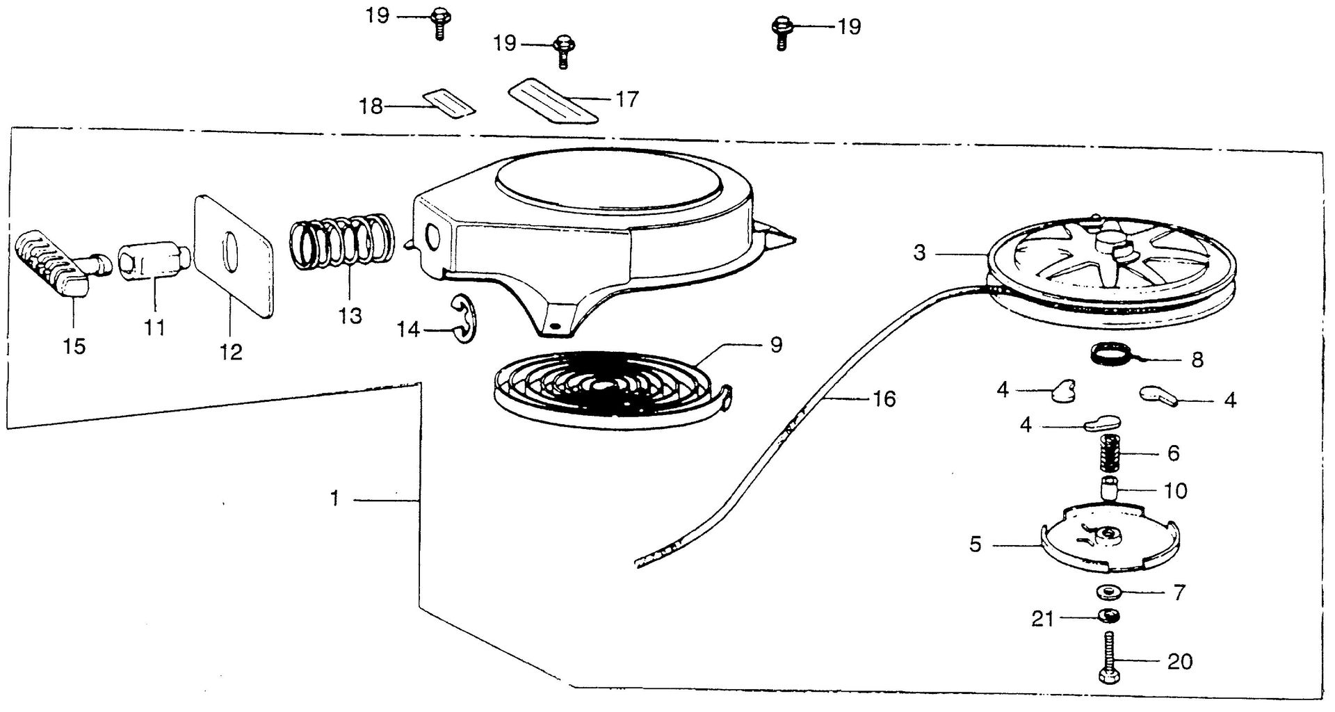 BF75 BF75 recoil starter exploded parts diagram with numbered part references