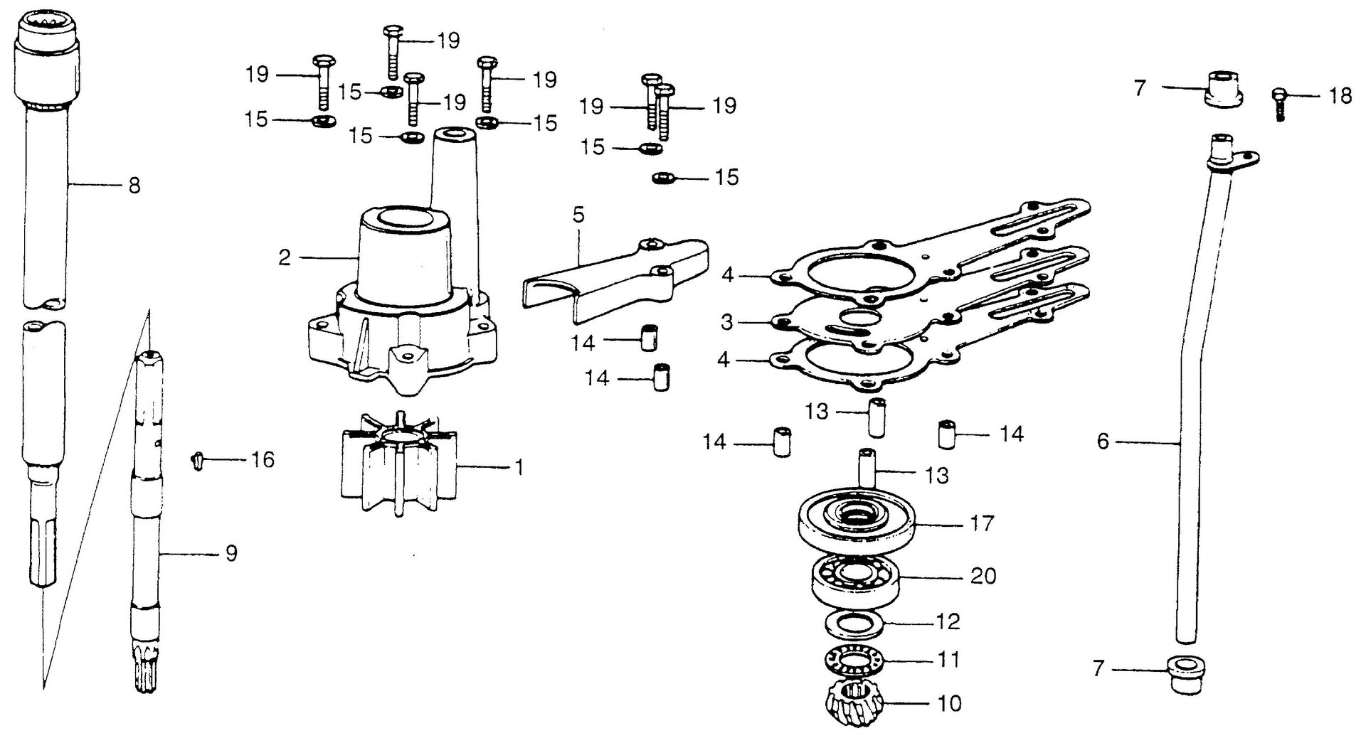 BF75 BF75 water pump - vertical shaft exploded parts diagram with numbered part references