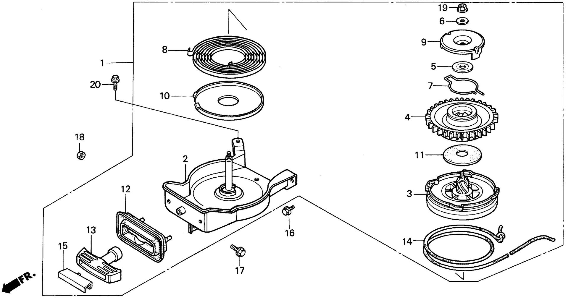 BF50 BF50F recoil starter exploded parts diagram with numbered part references