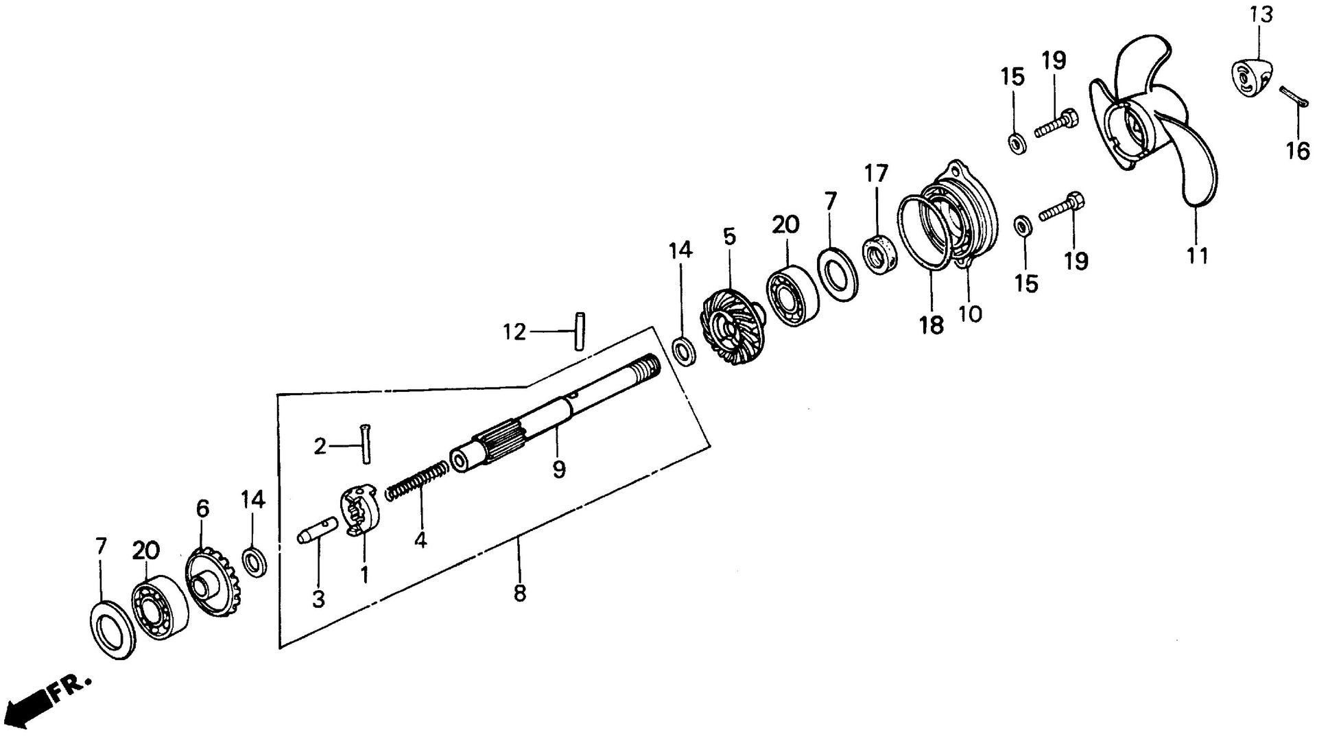 BF50 BF50F propeller shaft exploded parts diagram with numbered part references