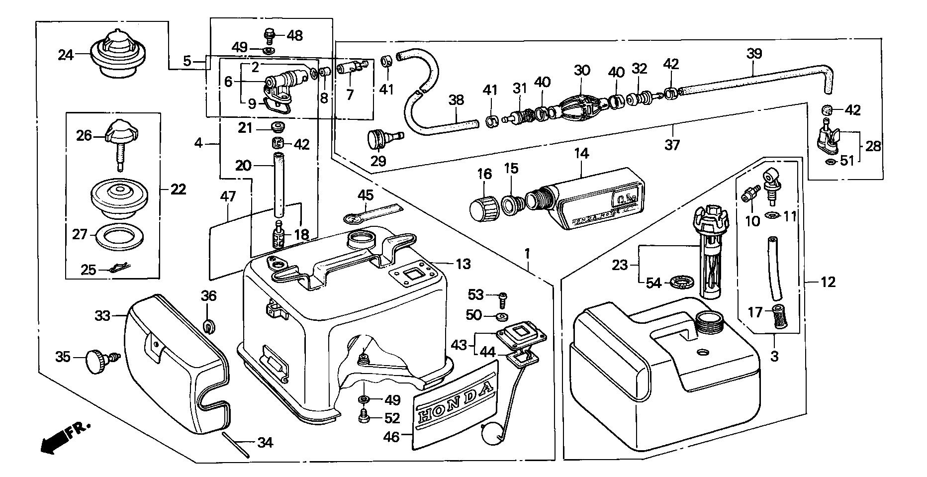 BF50 BF50F fuel tank exploded parts diagram with numbered part references
