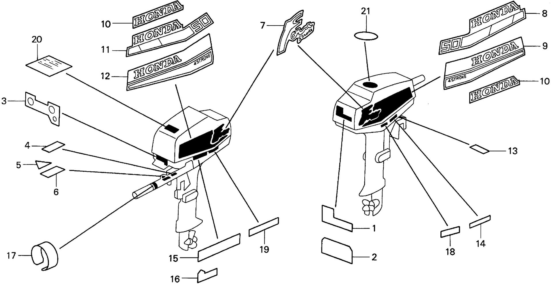 BF50 BF50F labels exploded parts diagram with numbered part references