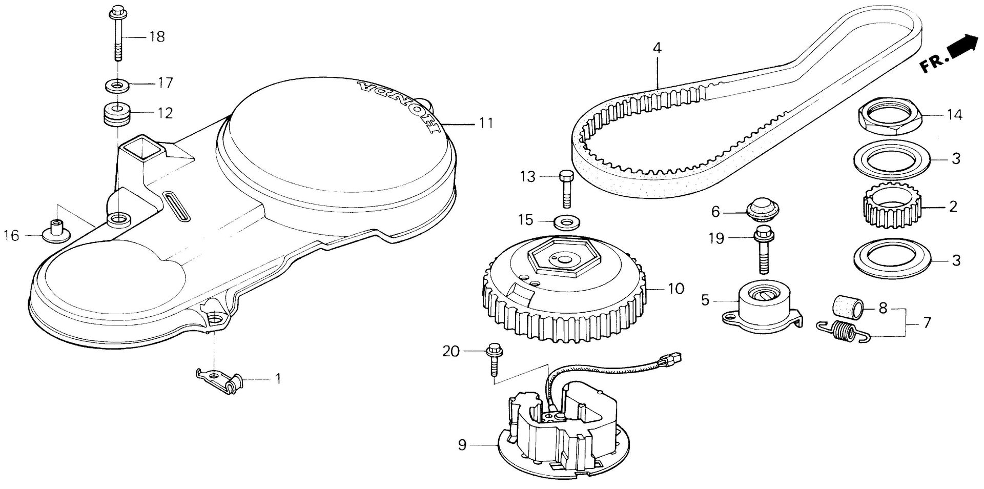 BF40 BF40AX timing belt tensioner exploded parts diagram with numbered part references
