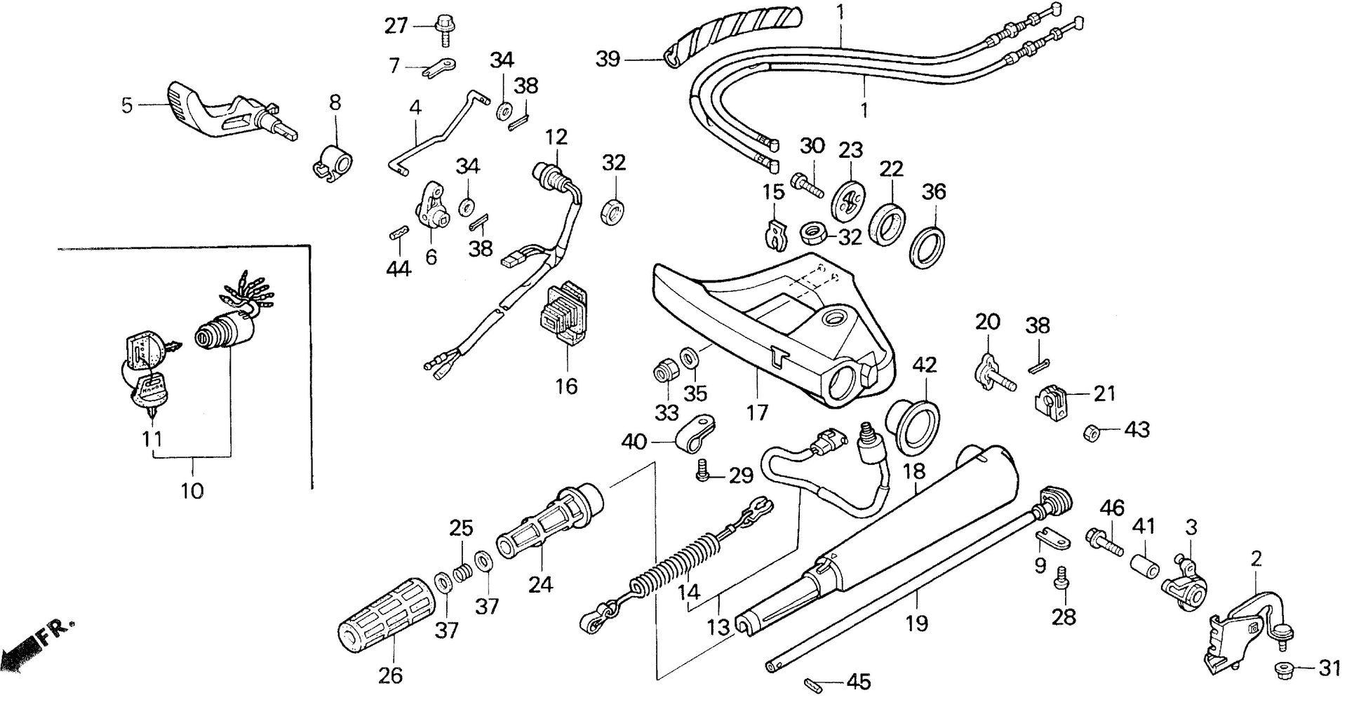 BF40 BF40AX handlebar exploded parts diagram with numbered part references