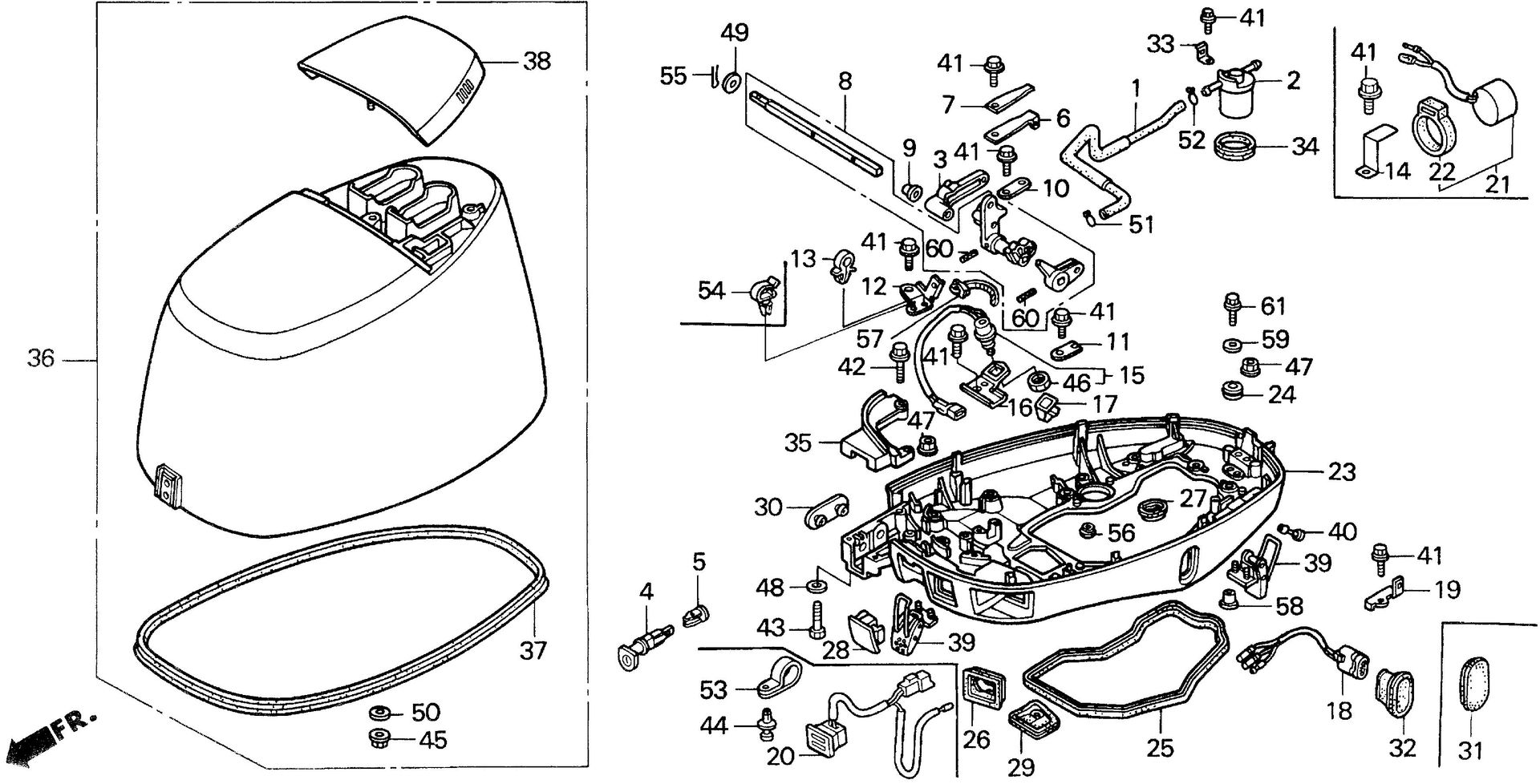 BF40 BF40AX engine lower case exploded parts diagram with numbered part references