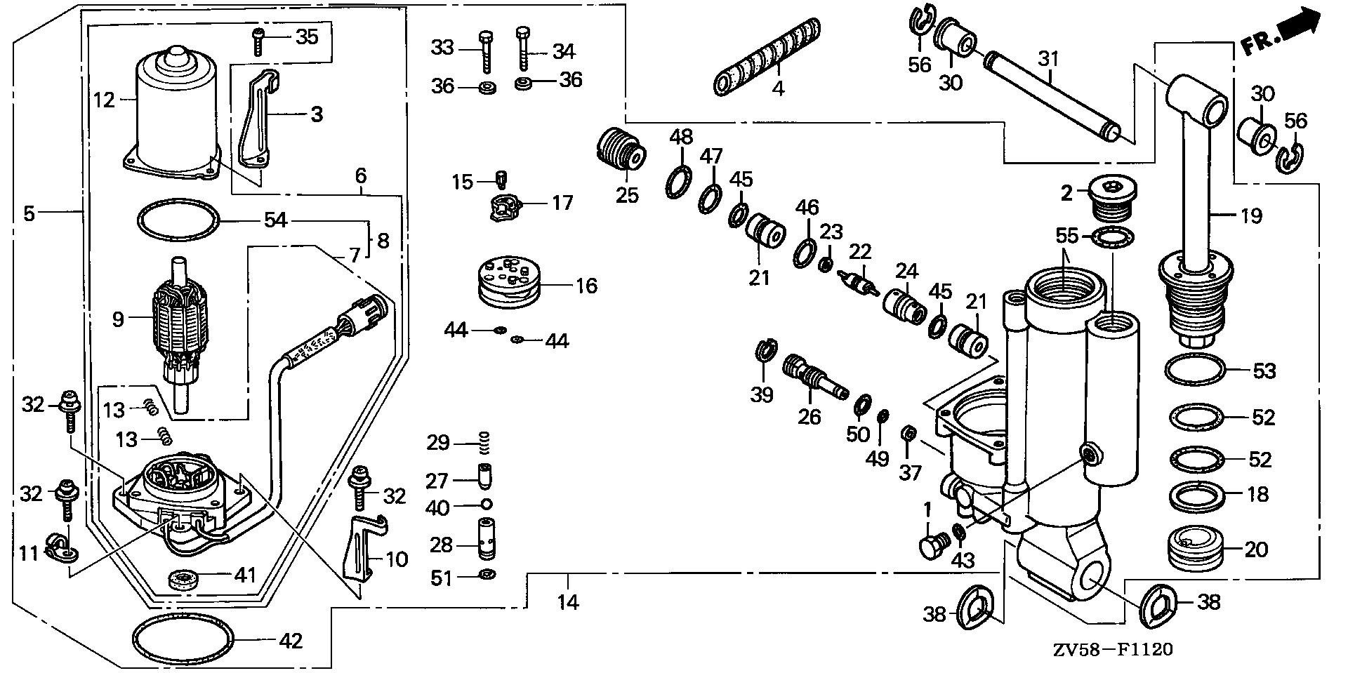 BF40 BF40A2 power trim-tilt exploded parts diagram with numbered part references