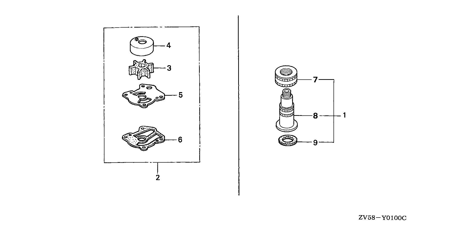BF40 BF40A2 water hose joint - pump    impeller kit exploded parts diagram with numbered part references