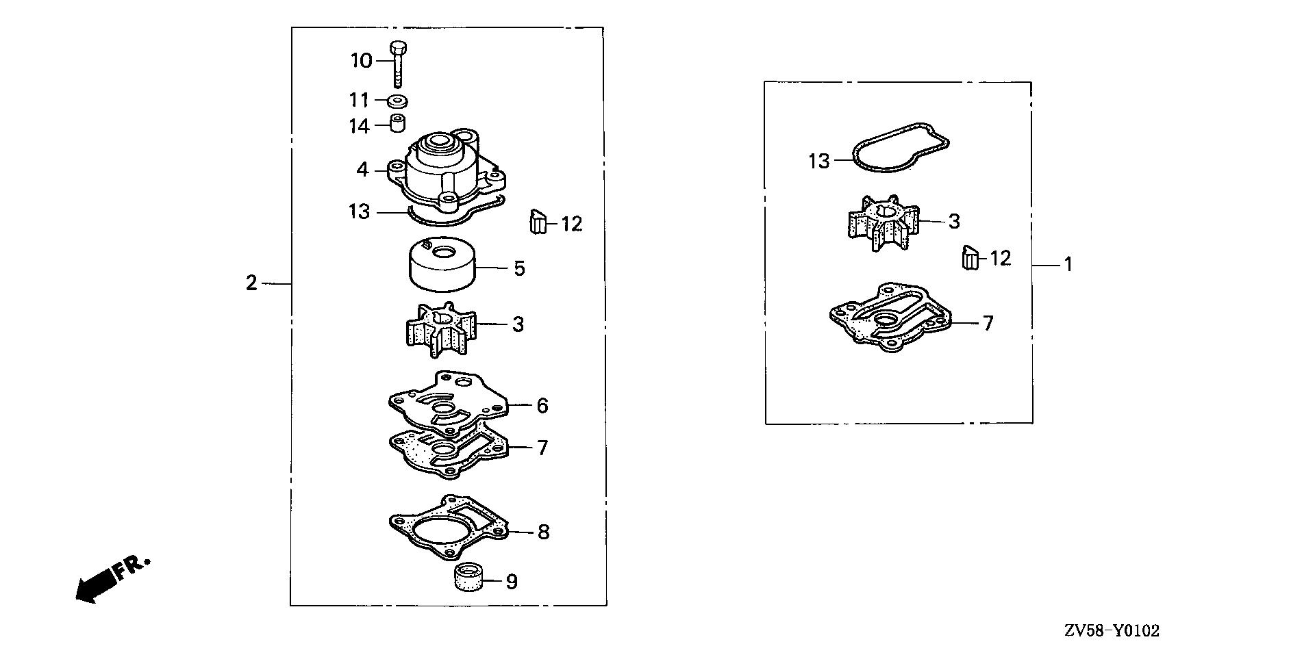BF40 BF40A3 pump impeller kit exploded parts diagram with numbered part references