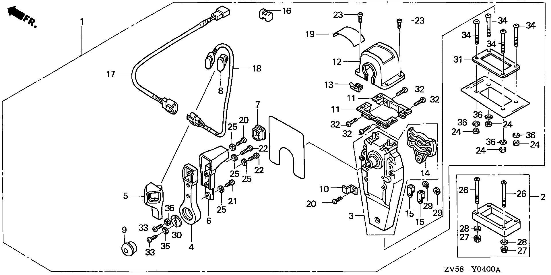 BF40 BF40A2 remote control (top mount single type) (r.) exploded parts diagram with numbered part references
