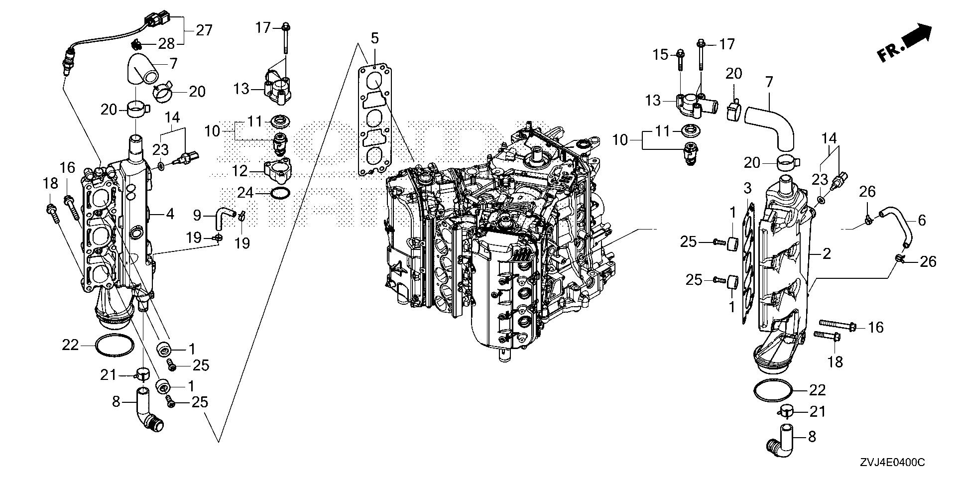 BF225 BF225DK1 exhaust manifold          - thermostat exploded parts diagram with numbered part references