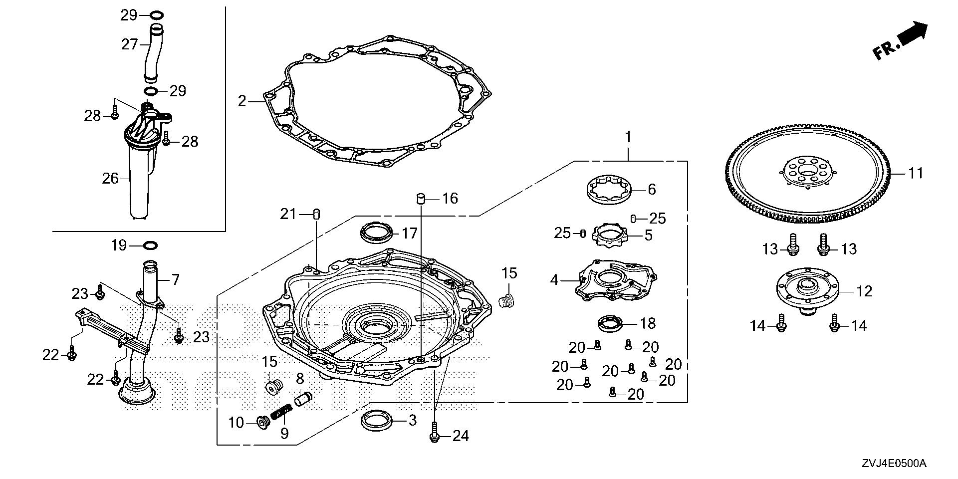 BF225 BF225DK1 oil pump - flywheel exploded parts diagram with numbered part references