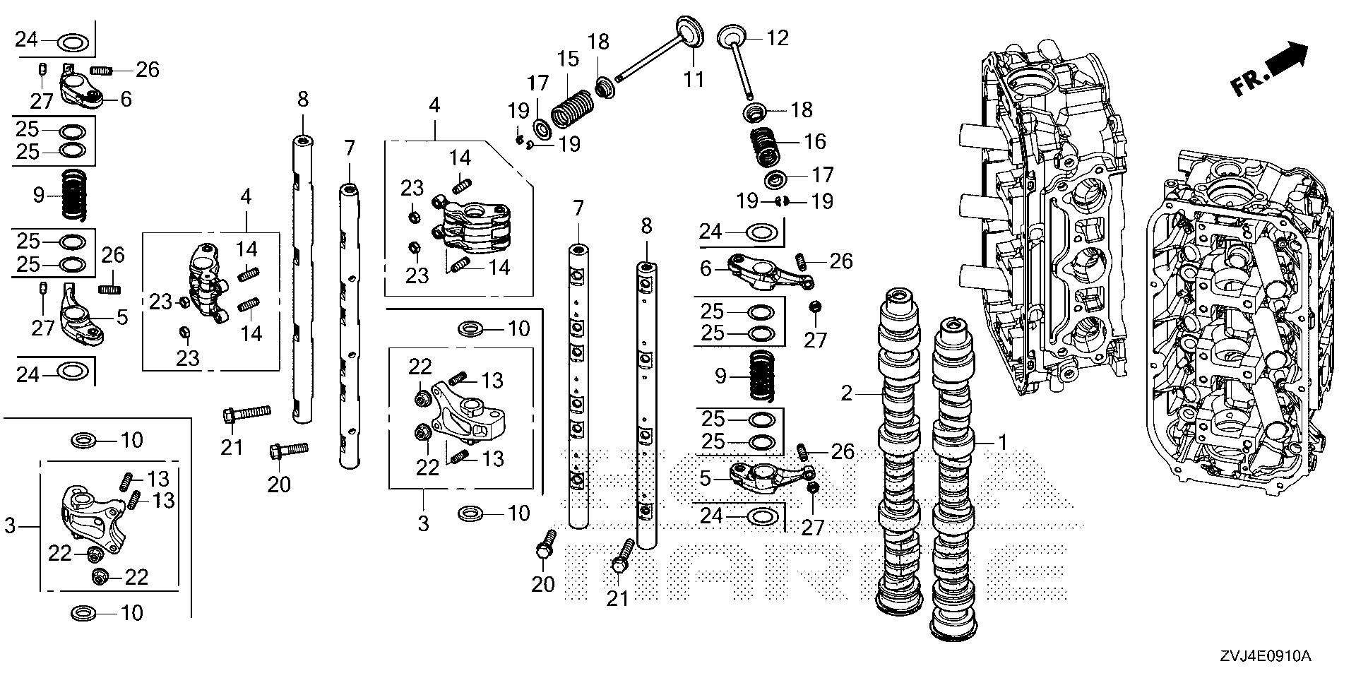 BF225 BF225DK1 camshaft - rocker arm exploded parts diagram with numbered part references