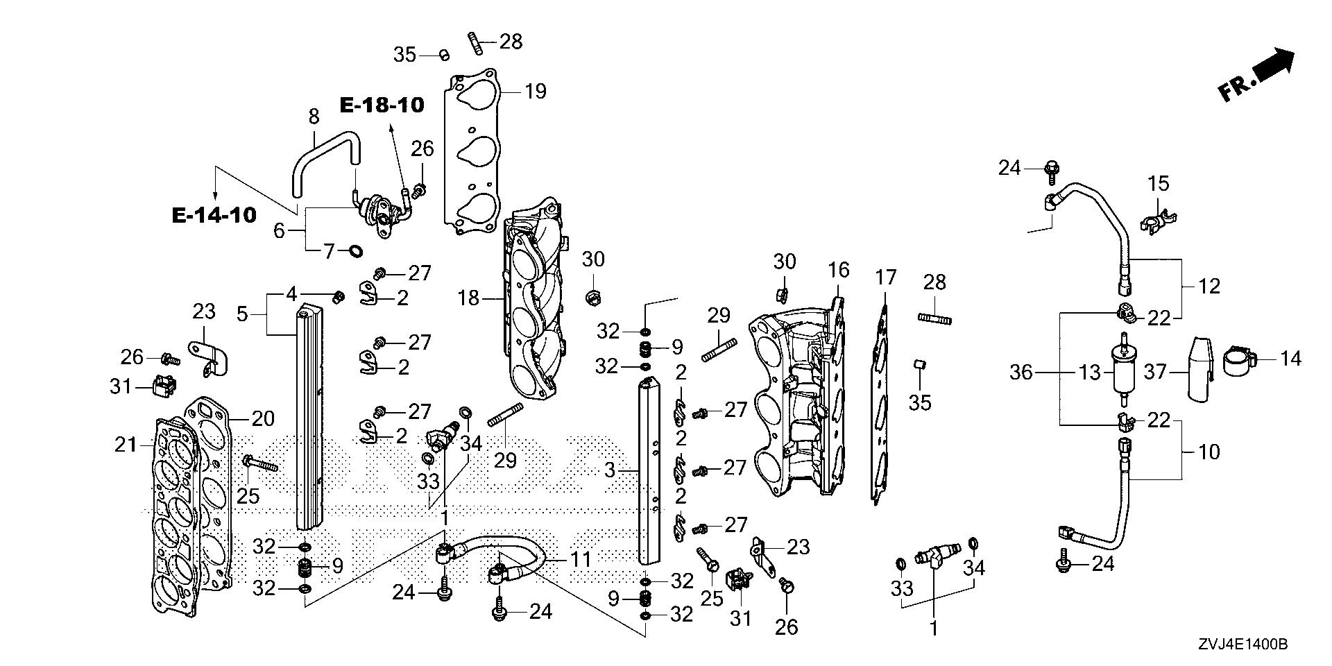 BF225 BF225DK1 fuel pipe - injector exploded parts diagram with numbered part references