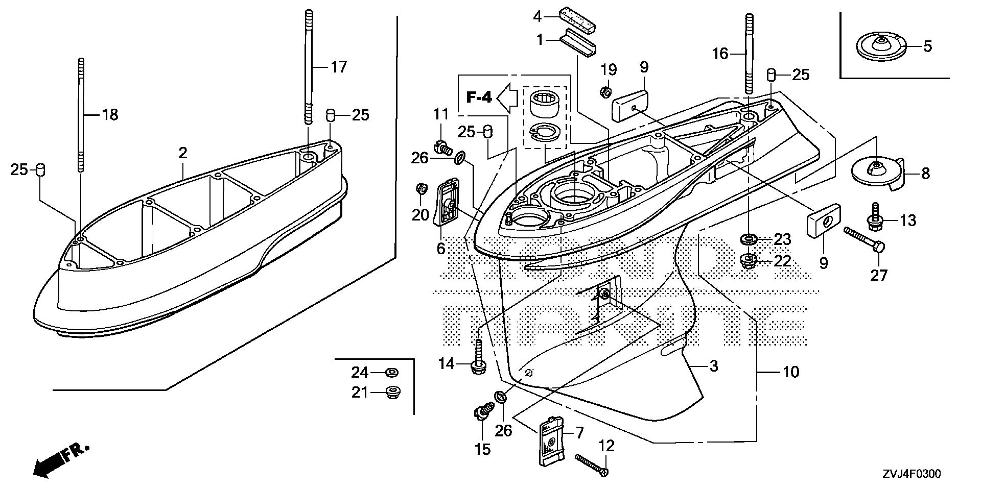 BF225 BF225DK1 gear case exploded parts diagram with numbered part references