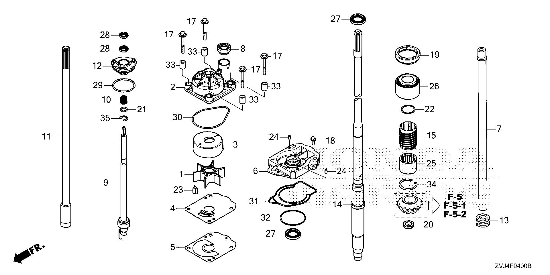 BF225 BF225DK1 water pump - vertical shaft exploded parts diagram with numbered part references