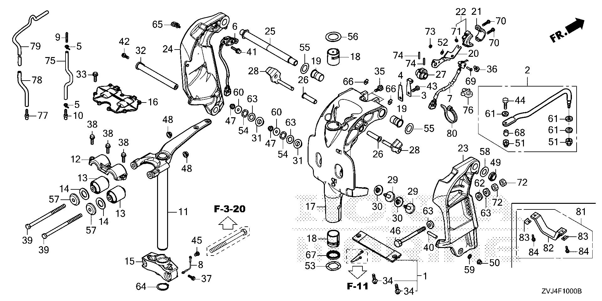 BF250 BF250D stern bracket - swivel case (1) exploded parts diagram with numbered part references