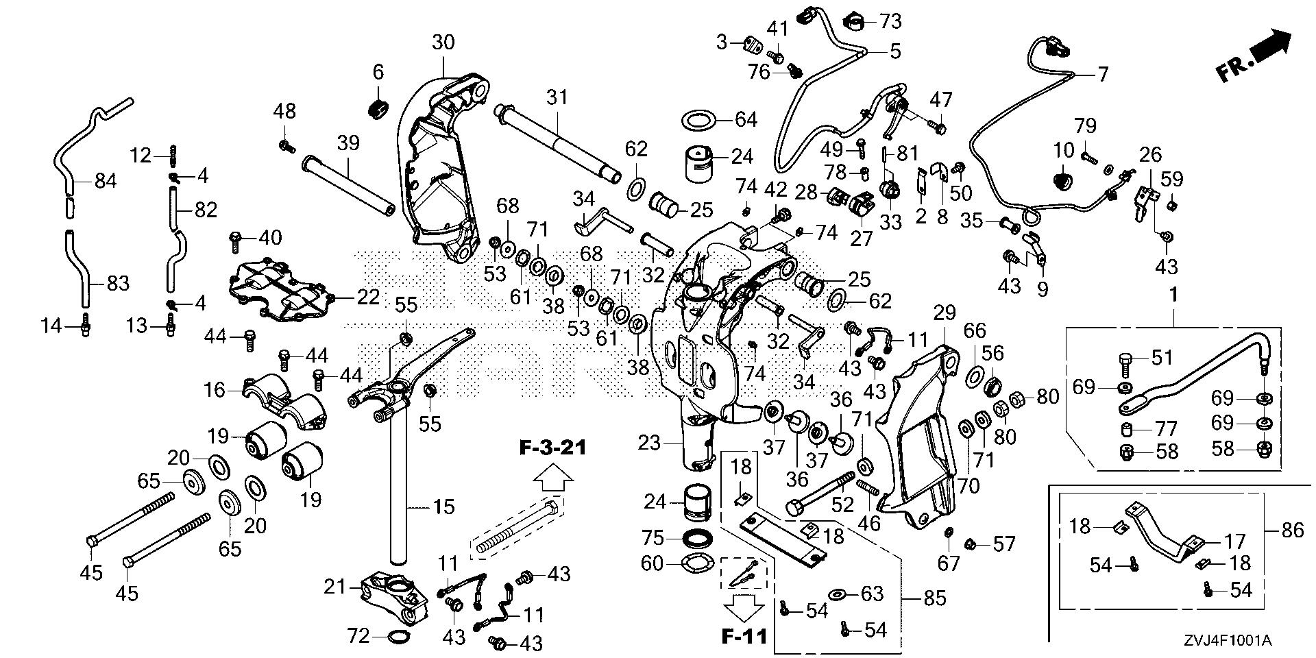 BF225 BF225DK1 stern bracket - swivel case (2) exploded parts diagram with numbered part references