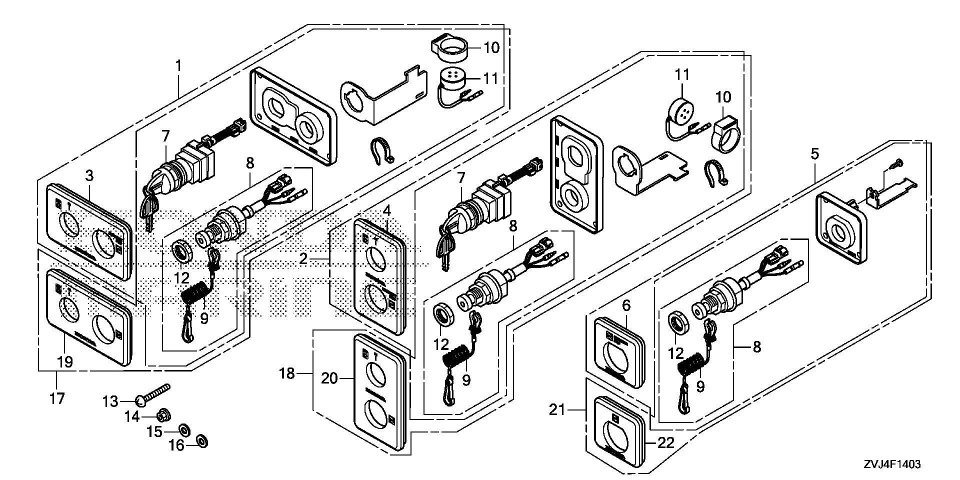 BF250 BF250D switch panel (key) exploded parts diagram with numbered part references