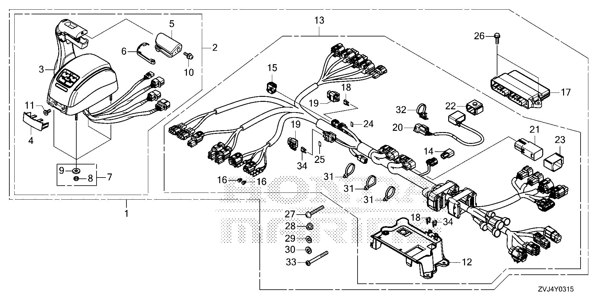 BF225 BF225DK1 remote control (top mount single type) (main) exploded parts diagram with numbered part references
