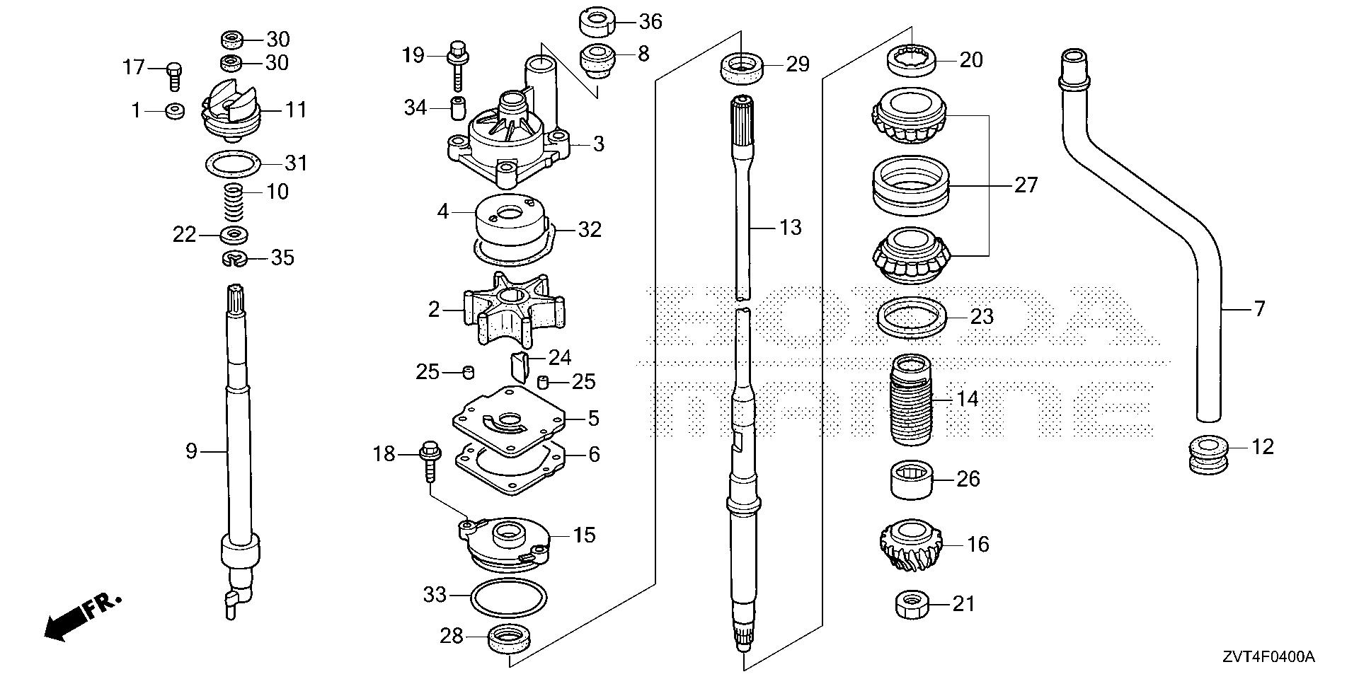 BF140 BF140A water pump - vertical shaft exploded parts diagram with numbered part references