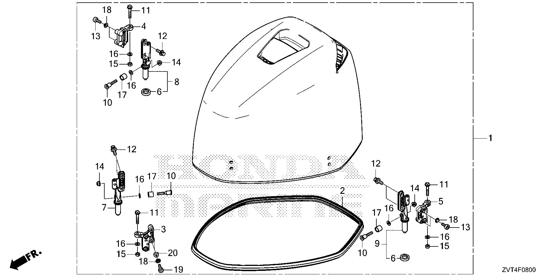 BF140 BF140A engine cover assy. exploded parts diagram with numbered part references