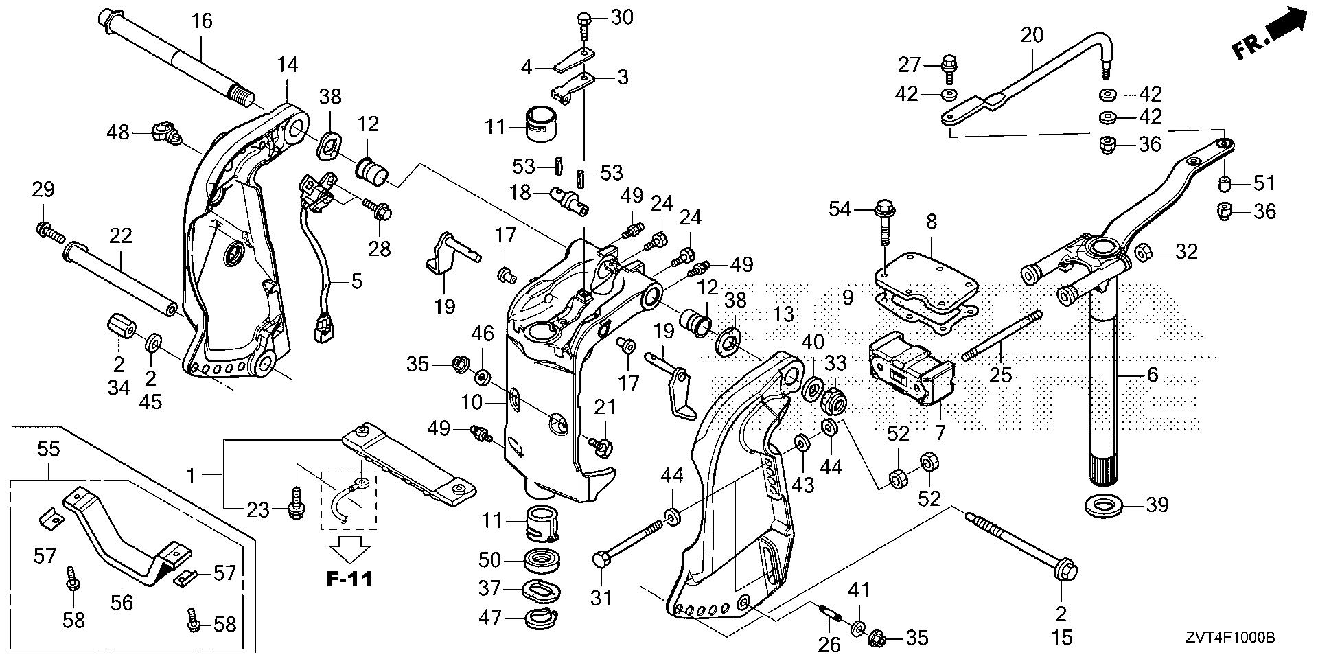 BF140 BF140A stern bracket - swivel case (1) exploded parts diagram with numbered part references
