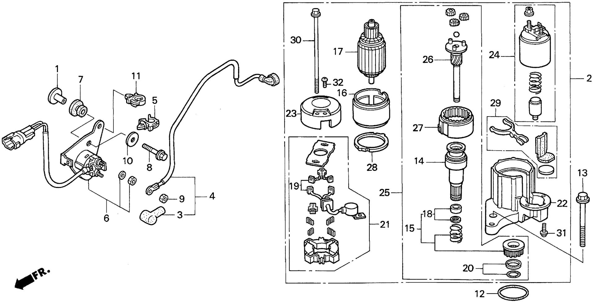 BF90 BF90AW starter motor exploded parts diagram with numbered part references