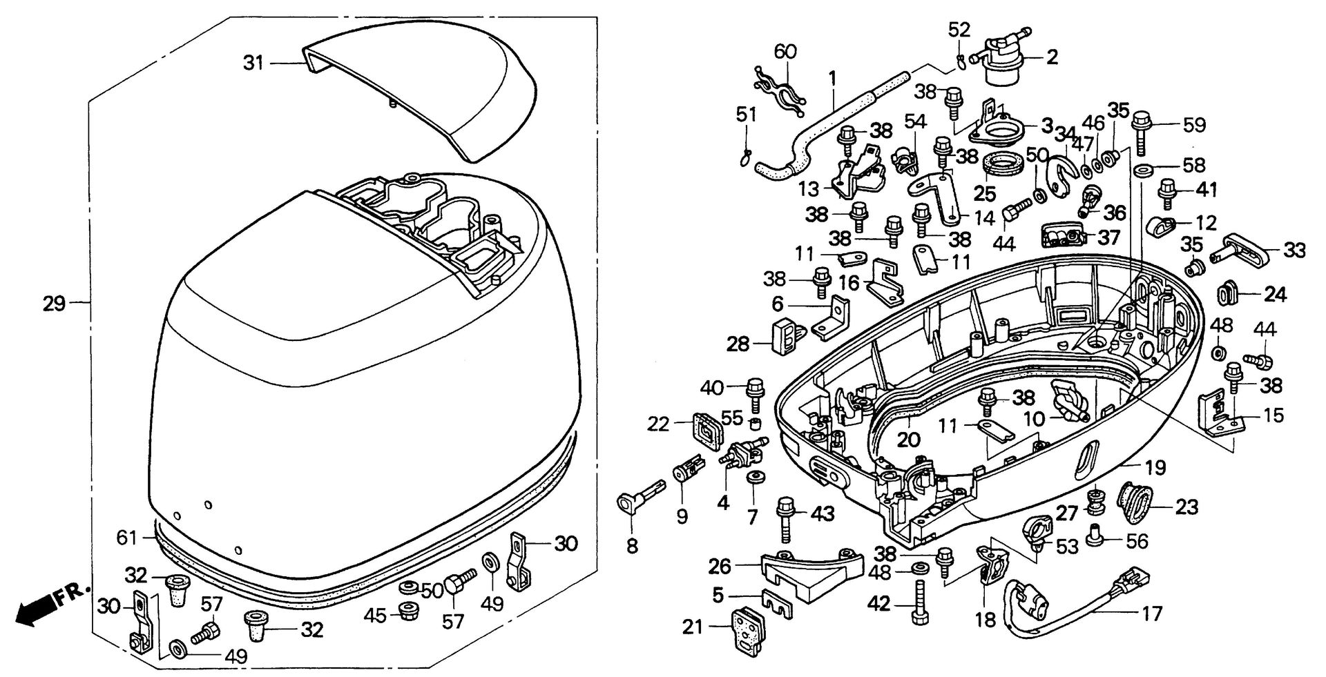 BF90 BF90AW engine lower case - engine cover exploded parts diagram with numbered part references