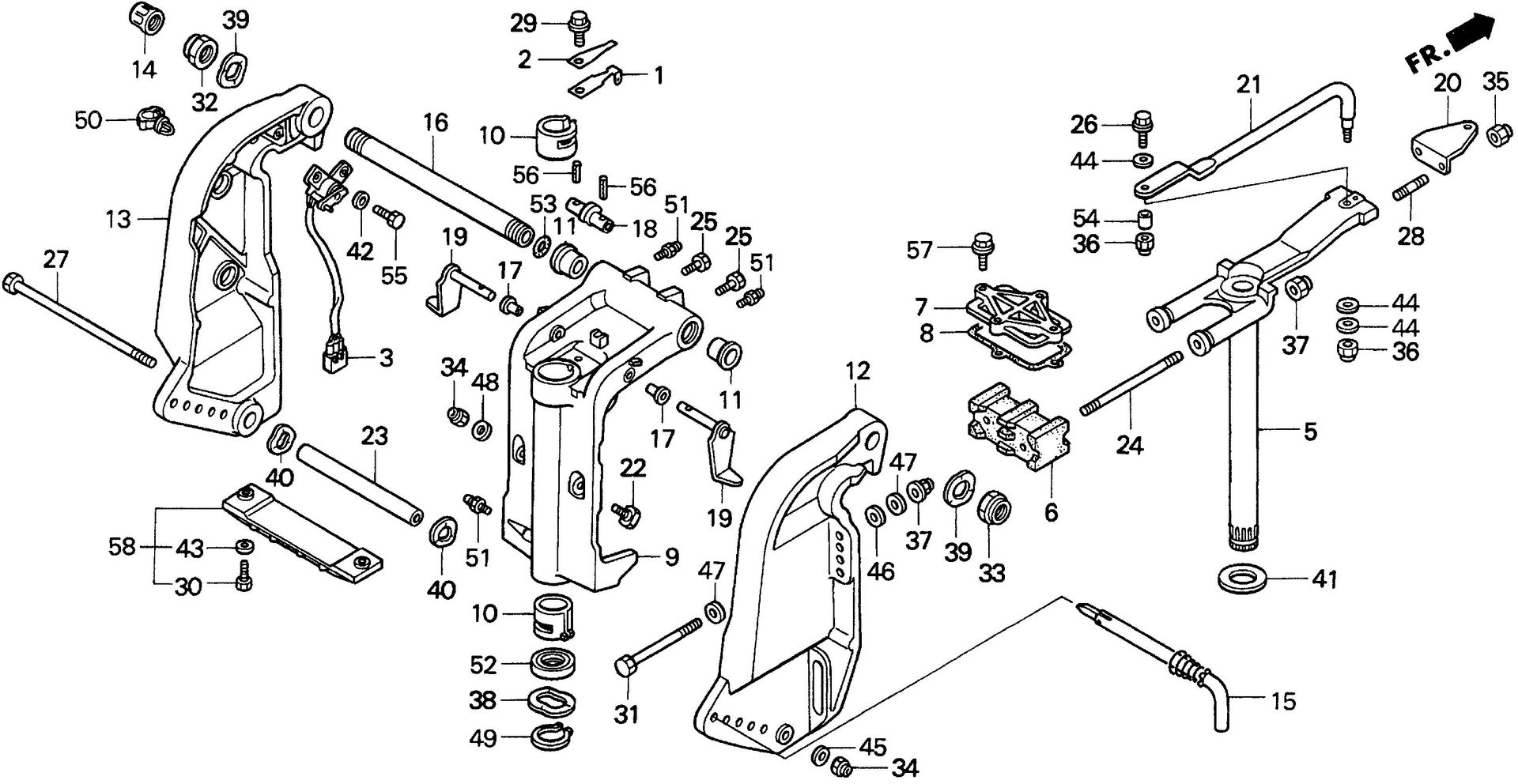 BF90 BF90AW swivel case - stern bracket exploded parts diagram with numbered part references