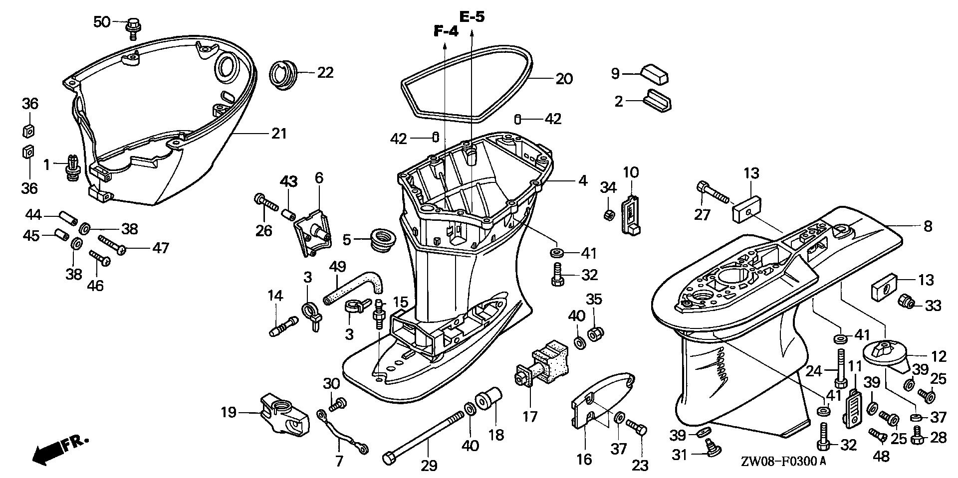 BF90 BF90A2 gear case - extension case exploded parts diagram with numbered part references