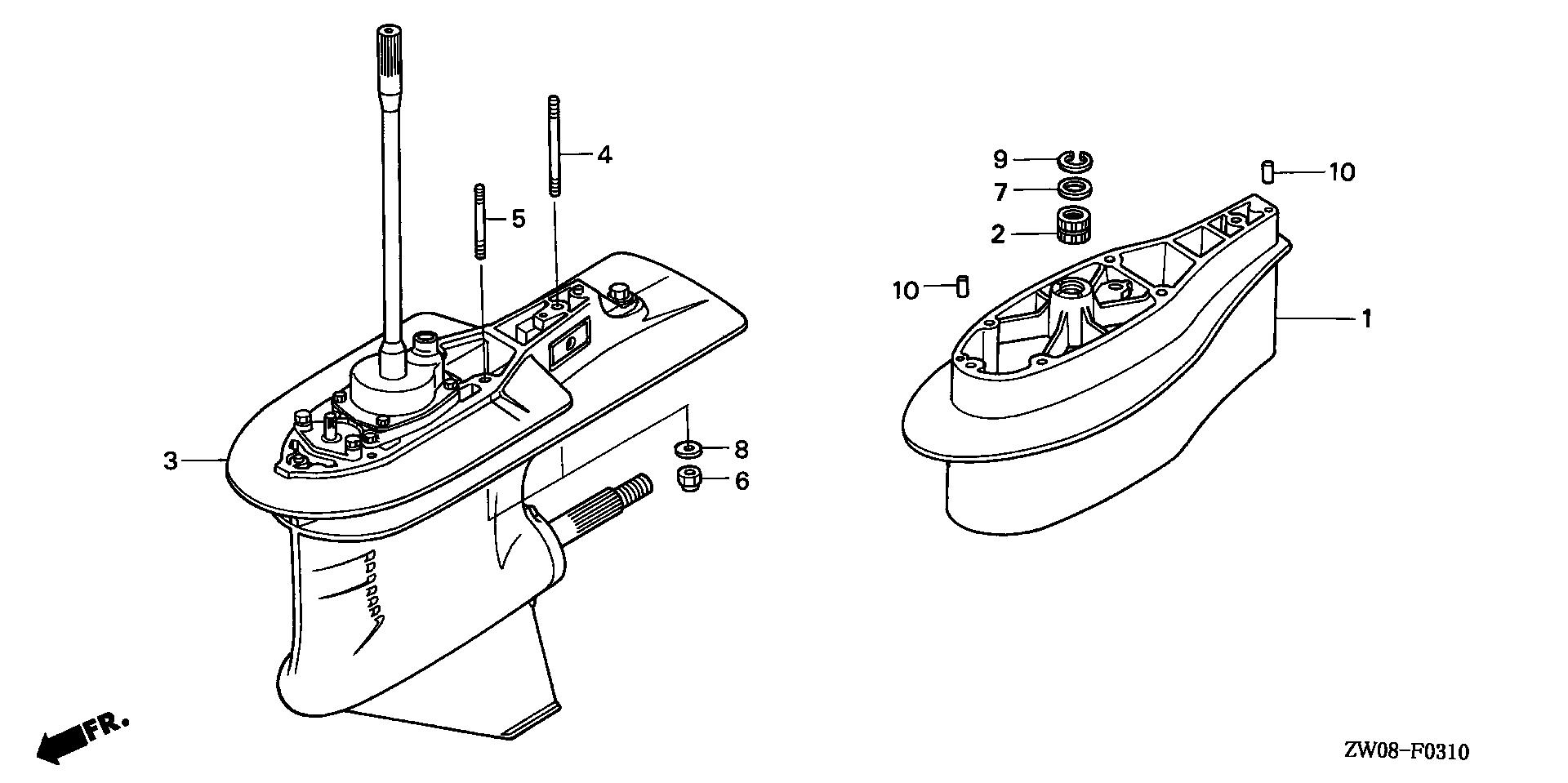BF90 BF90A2 gear case assy. exploded parts diagram with numbered part references
