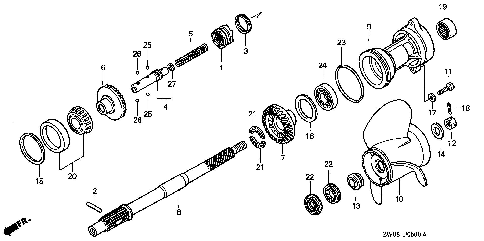 BF90 BF90A2 propeller shaft - propeller exploded parts diagram with numbered part references