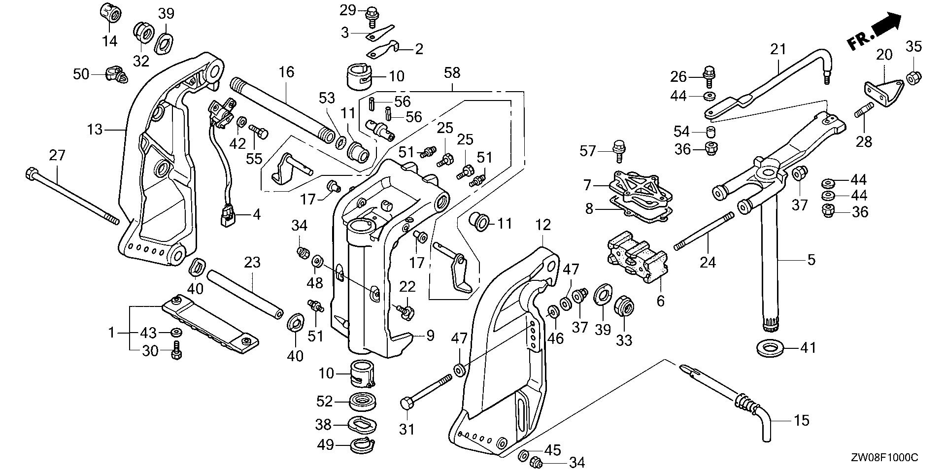BF90 BF90A2 stern bracket - swivel case exploded parts diagram with numbered part references