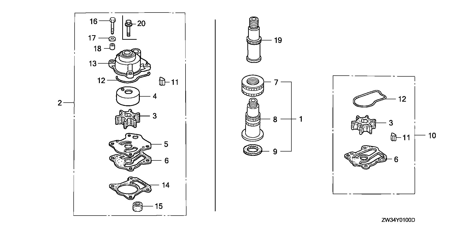 BF50 BF50A5 impeller pump kit - water  hose joint exploded parts diagram with numbered part references