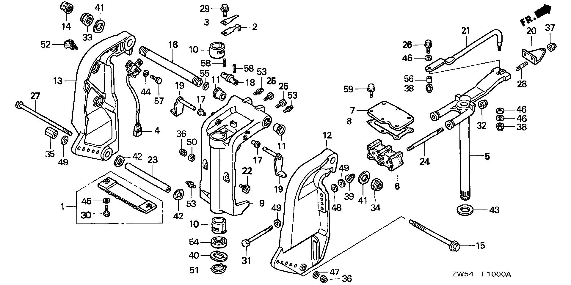 BF130 BF130A1 stern bracket - swivel case exploded parts diagram with numbered part references