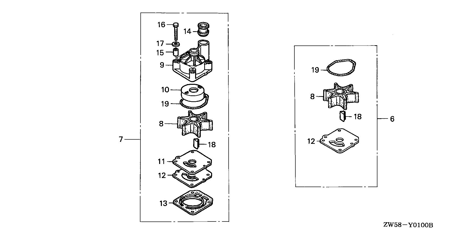 BF115 BF115A3 water pump impeller kit exploded parts diagram with numbered part references