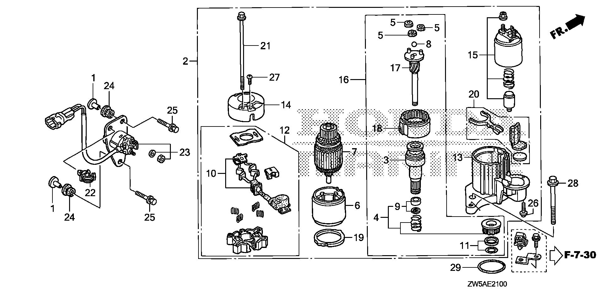 BF115 BF115AK0 starter motor exploded parts diagram with numbered part references
