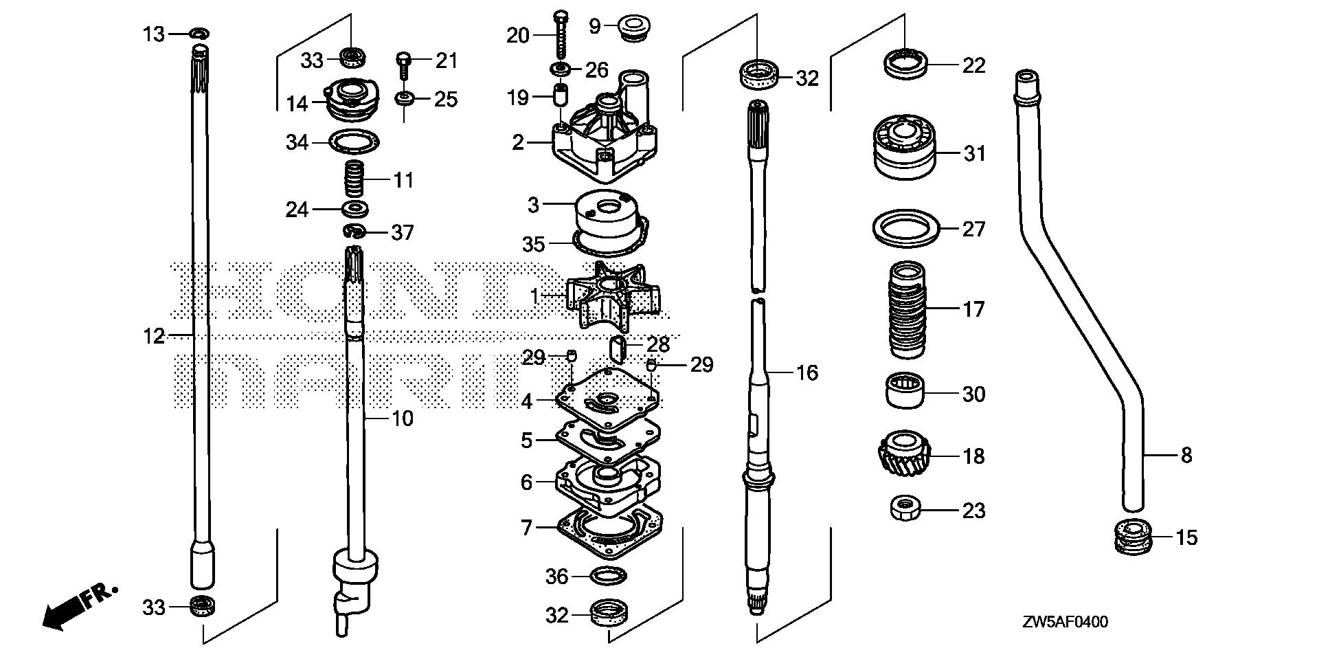 BF115 BF115AK0 water pump - vertical shaft exploded parts diagram with numbered part references
