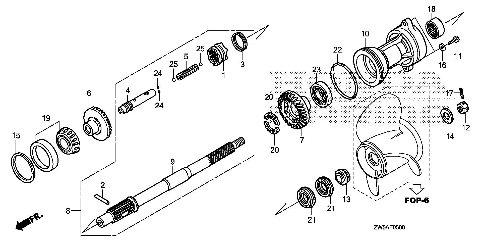 BF115 BF115AK0 propeller shaft exploded parts diagram with numbered part references