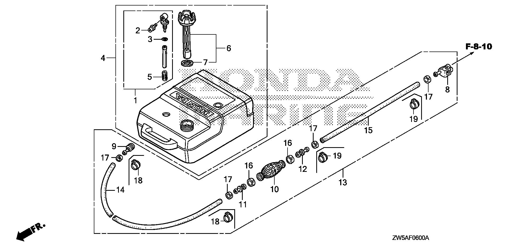 BF115 BF115AK0 fuel tank - fuel tube exploded parts diagram with numbered part references