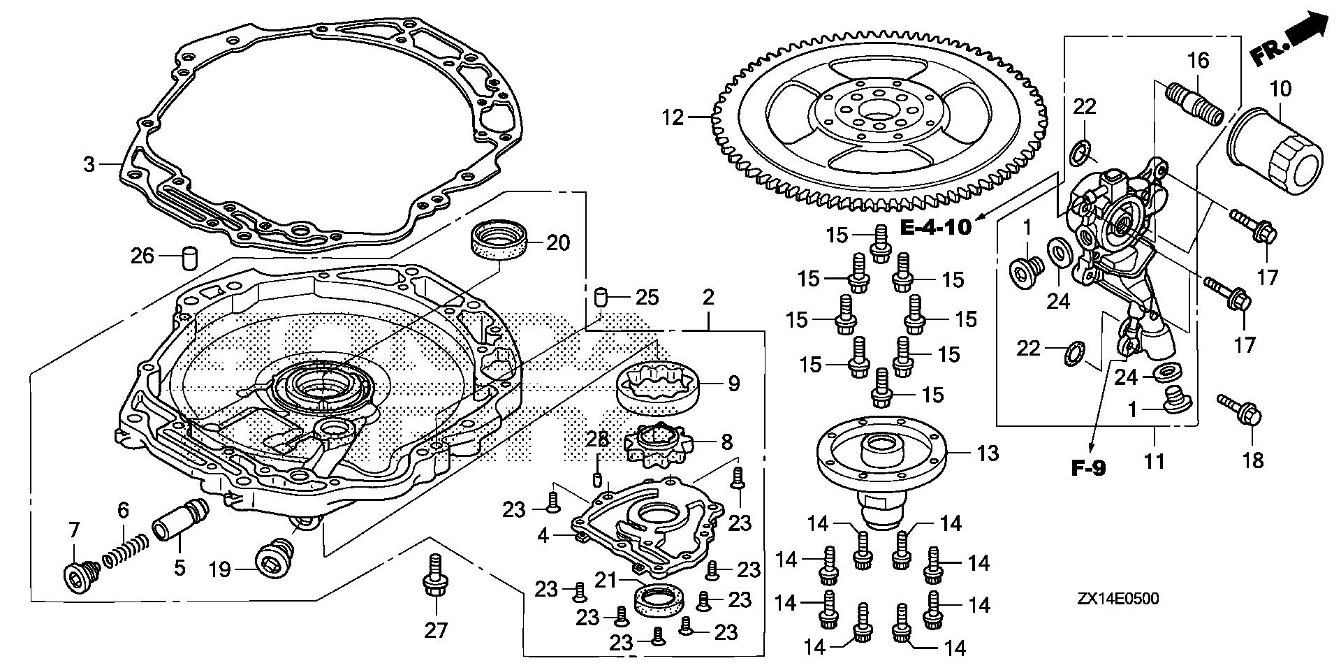 BF115 BF115D oil pump - flywheel exploded parts diagram with numbered part references