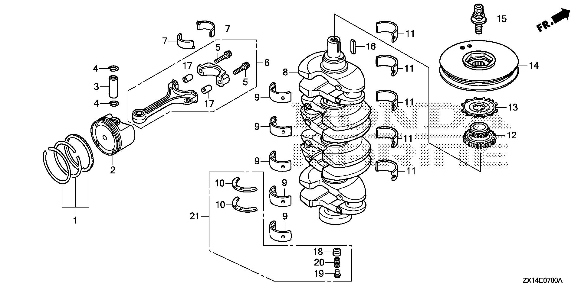 BF115 BF115D crankshaft - piston exploded parts diagram with numbered part references