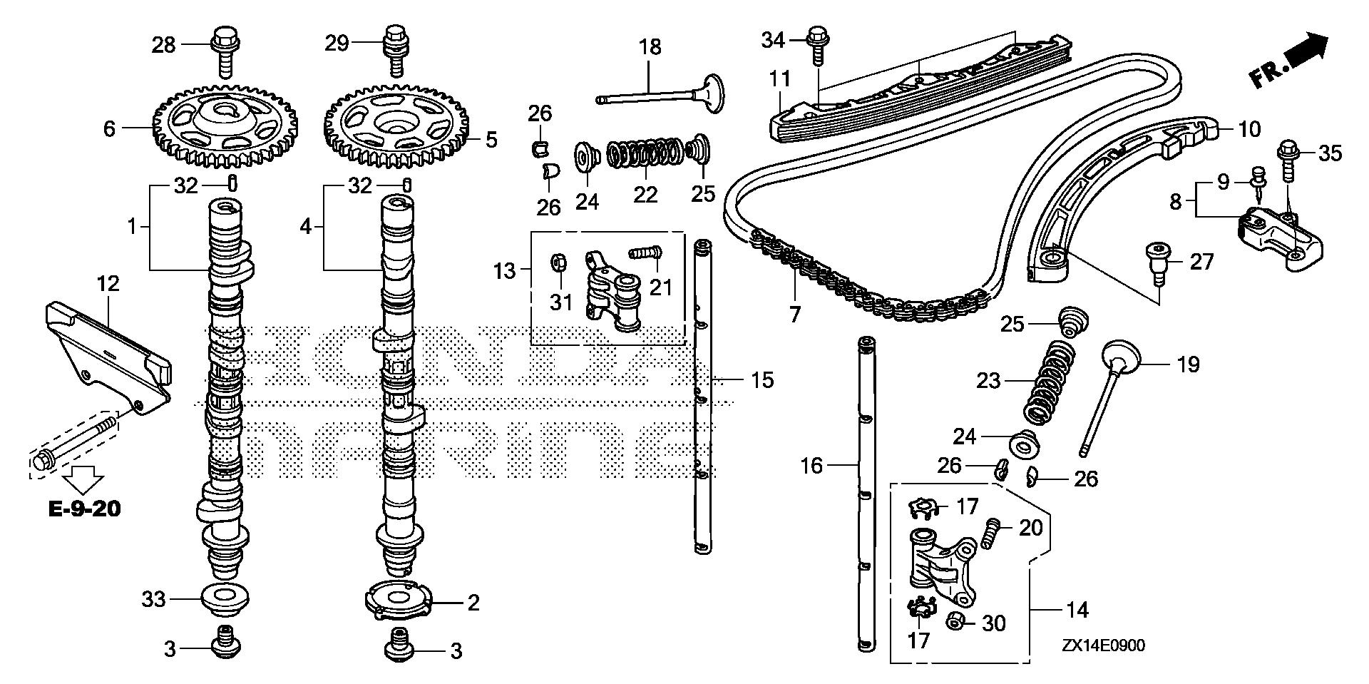 BF115 BF115D camshaft - valve exploded parts diagram with numbered part references