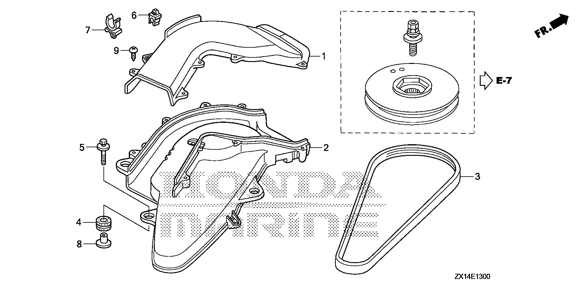 BF115 BF115D a.c.g. belt - silencer duct exploded parts diagram with numbered part references
